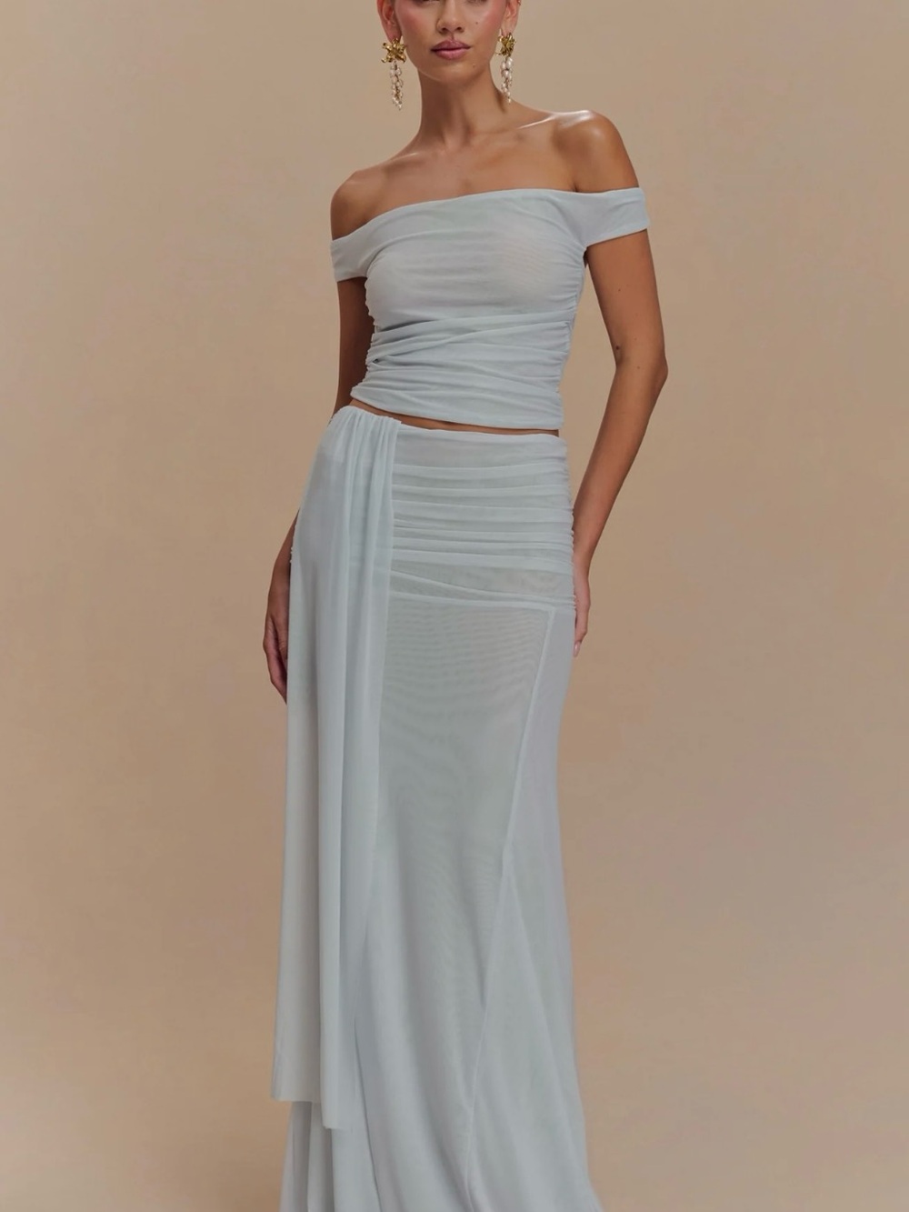 Meshki Pale Blue Off-Shoulder Maxi Skirt Set